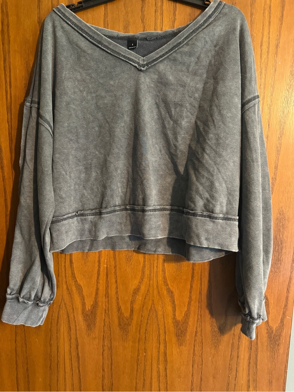 SHEIN Washed Gray Relaxed V-Neck Cropped Sweater